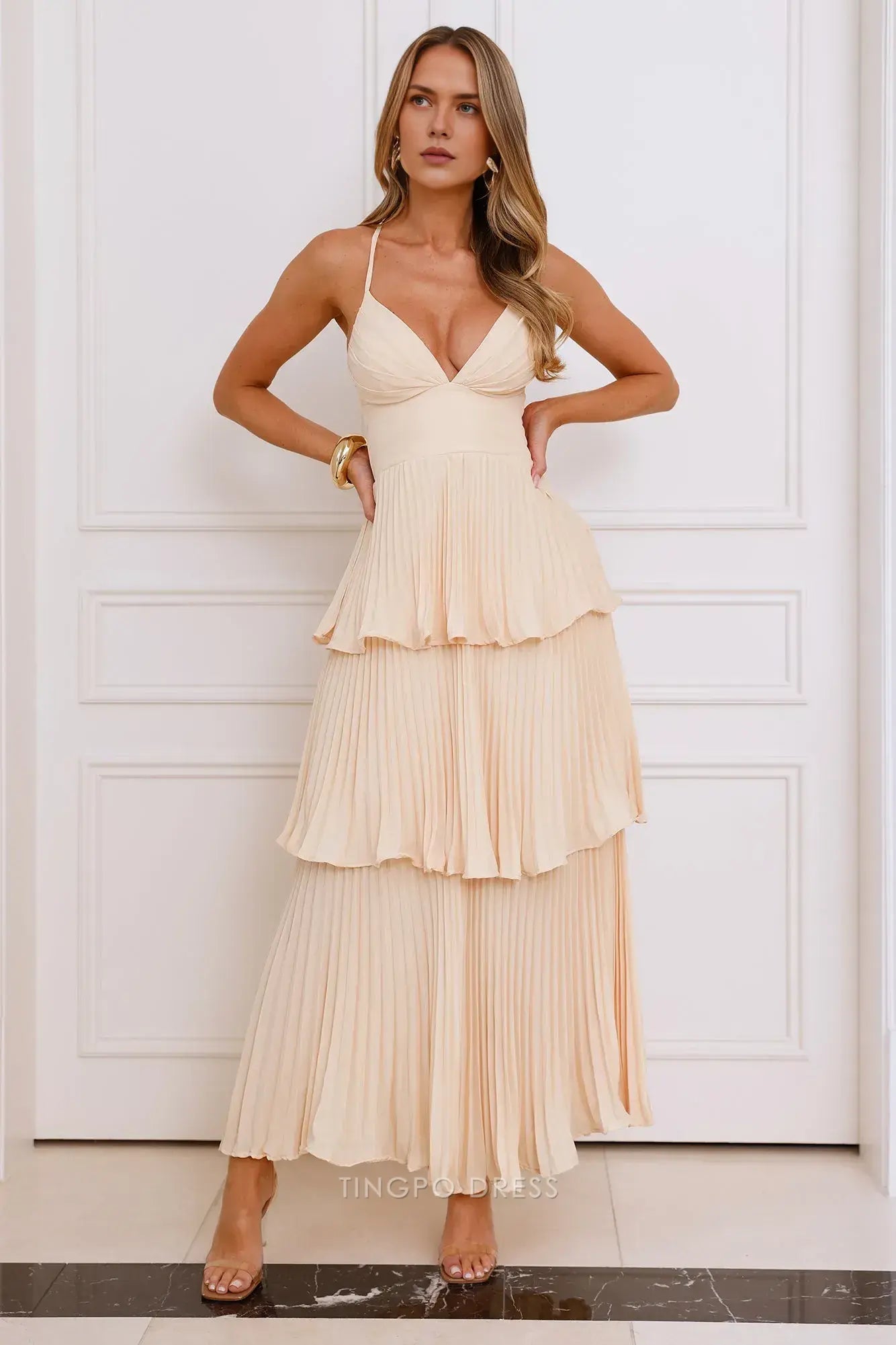 Elegant A-Line Spaghetti Strap Tiered Maxi Dress with Open Back Prom Dress